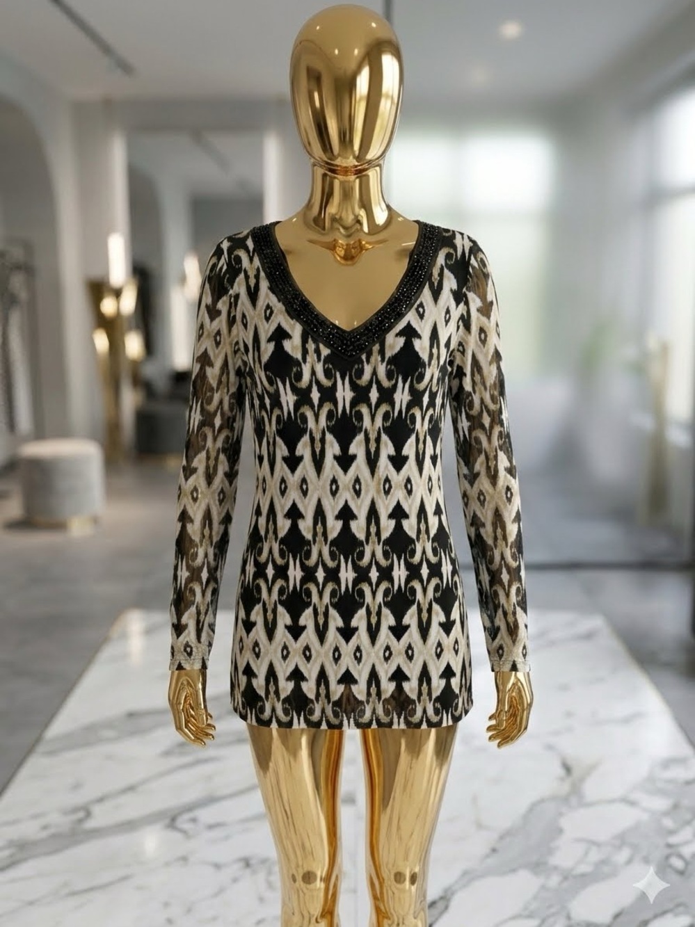 INC International Concepts Black and White V-Neck Ikat Knit Top